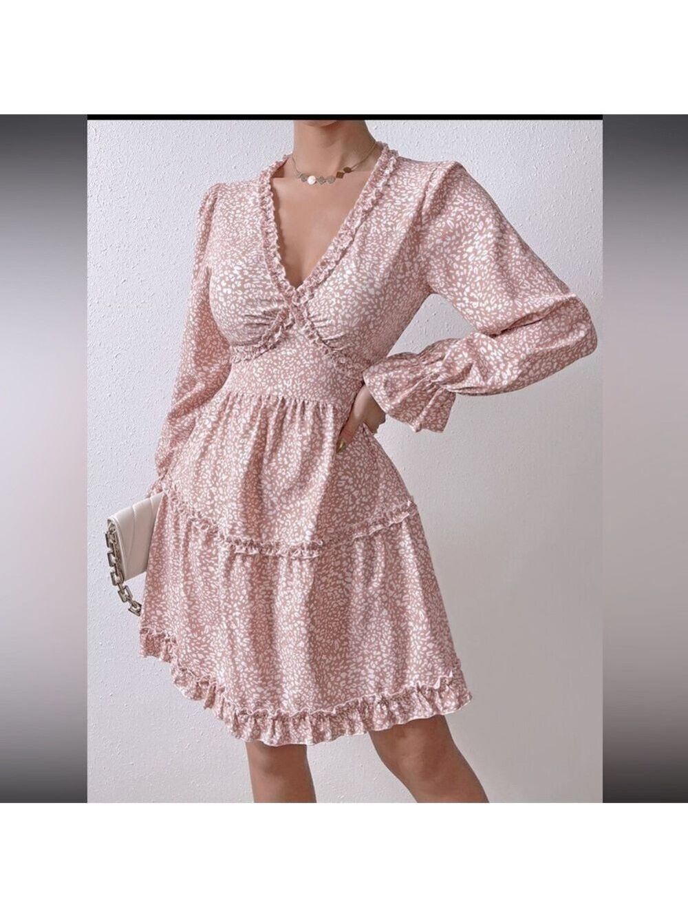 NWOT Privé Allover Print Frill Trim Flounce Sleeve Dress